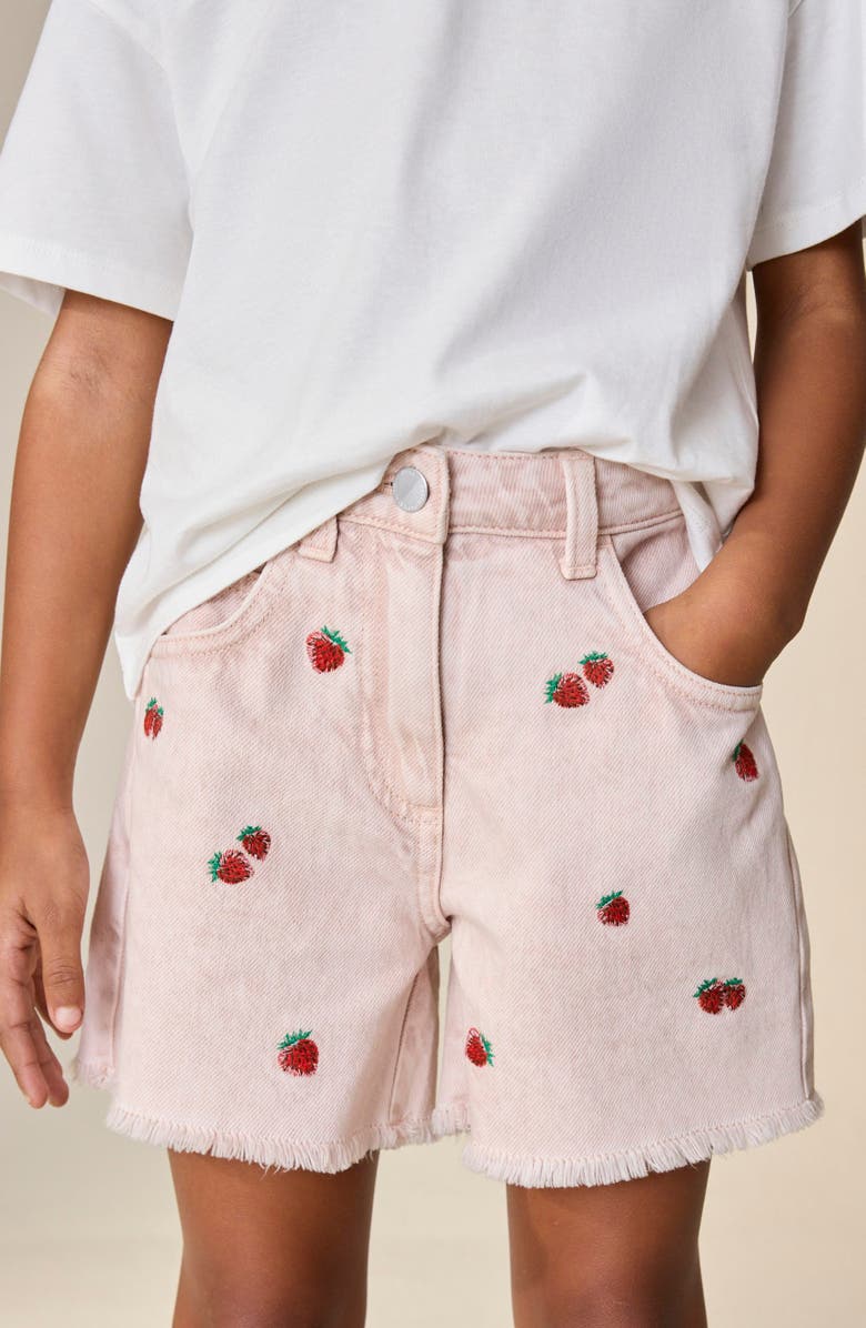 NEXT Kids' Embroidered Fruit Denim Shorts, Alternate, color, Pink