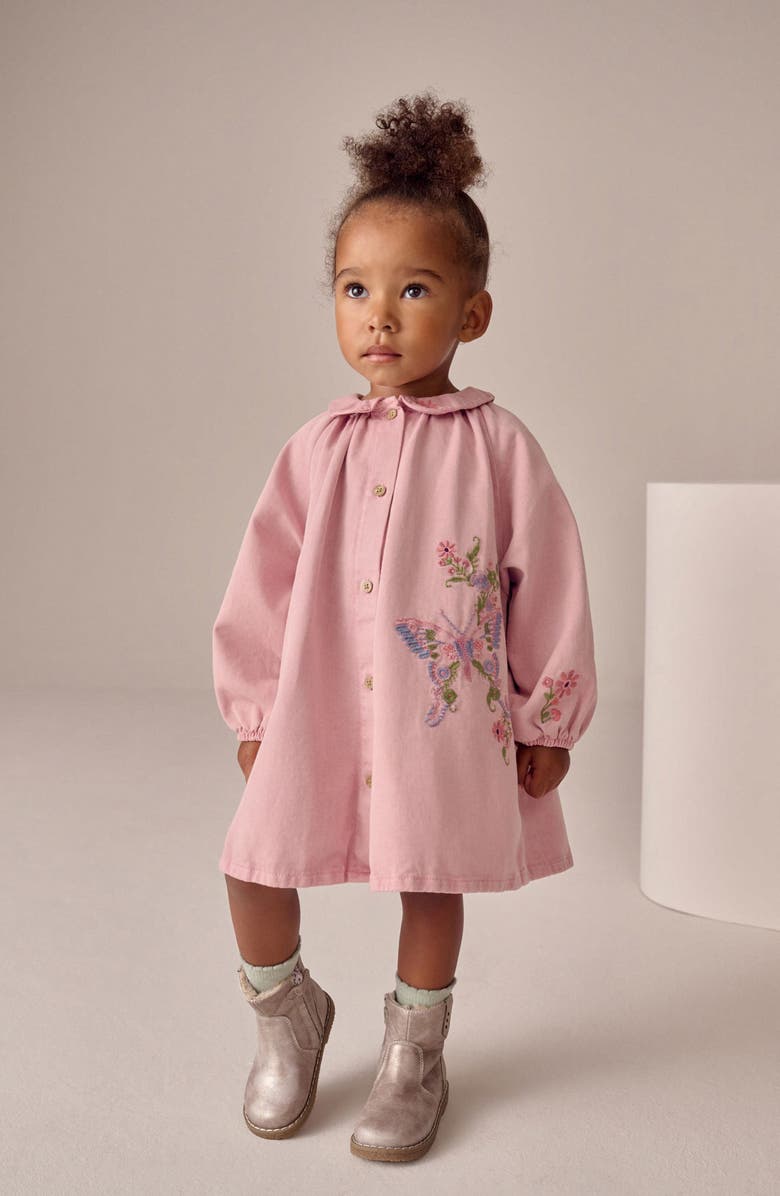 NEXT Kids' Butterfly Embroidered Long Sleeve Denim Shirtdress, Alternate, color, Pink