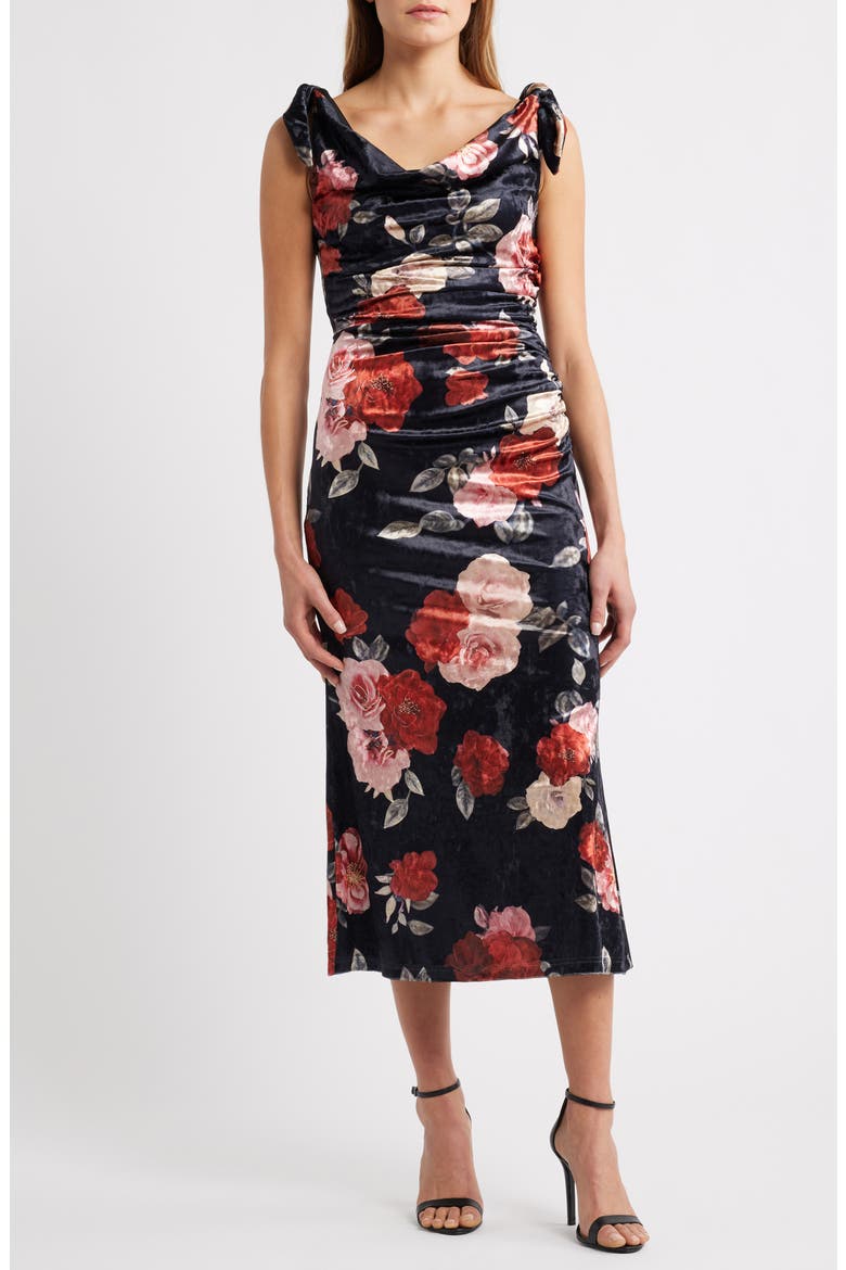Teagan Floral Print Off the Shoulder Velvet Dress, Main, color, BLACK MULTI