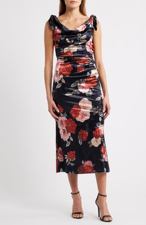 Teagan Floral Print Off the Shoulder Velvet Dress