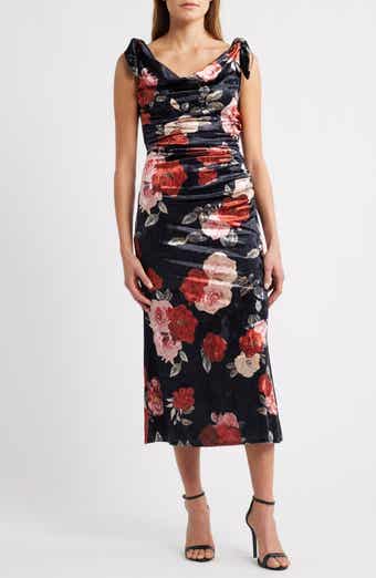 Lulus Teagan Floral Print Off the Shoulder Velvet Dress
