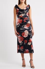 Lulus Teagan Floral Print Off the Shoulder Velvet Dress
