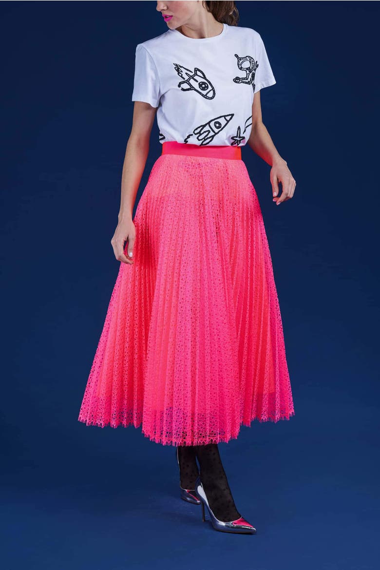 Plissee Neon Tulle Midi Skirt, Alternate, color, Neon Pink