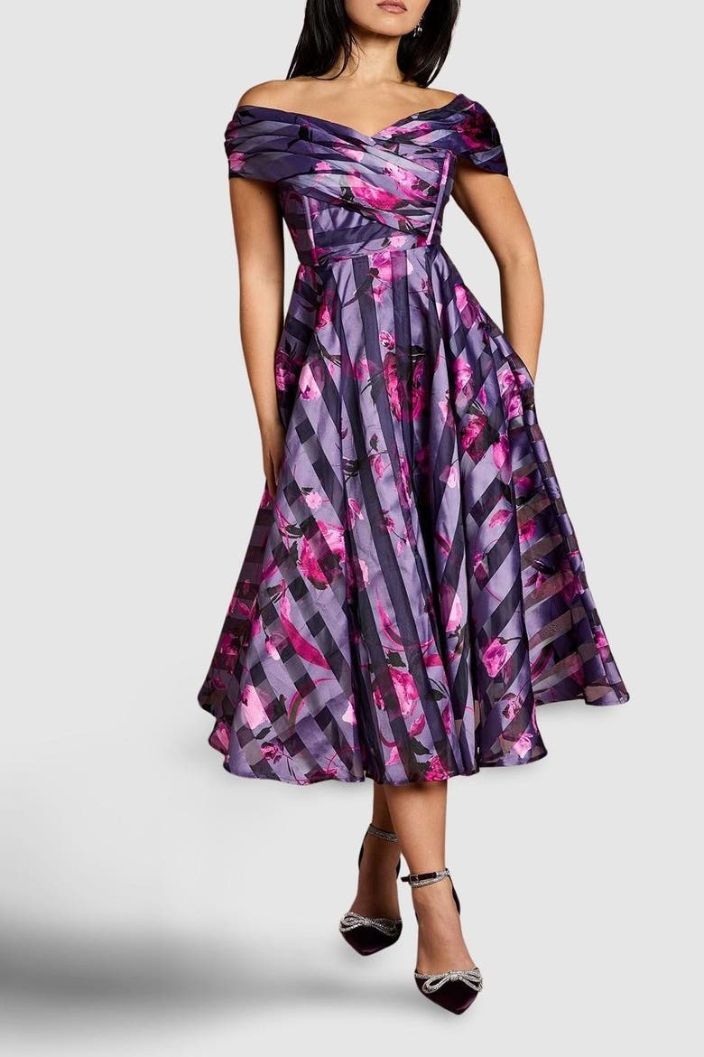 Petite Stripe Organza Midi Dress, Alternate, color, Purple