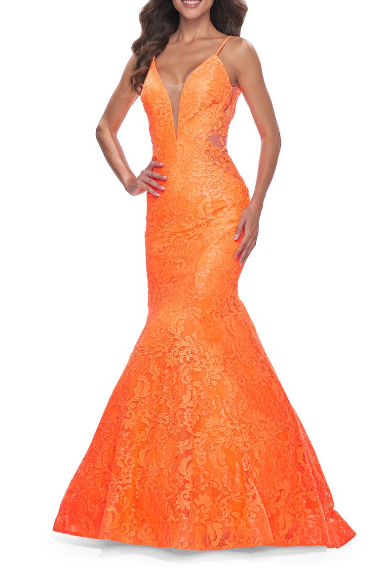 Long Mermaid Lace Dress with Back Rhinestone Detail, Main, color, Bright Orange