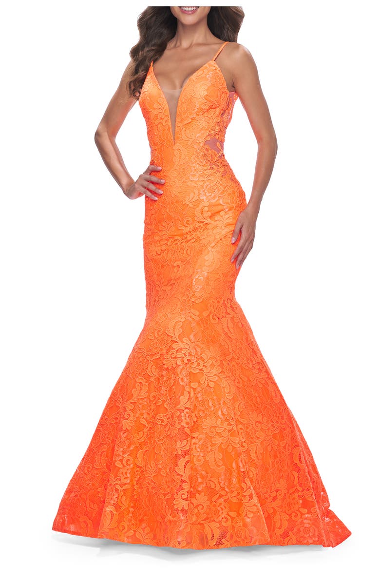 La Femme Long Mermaid Lace Dress with Back Rhinestone Detail, Main, color, Bright Orange