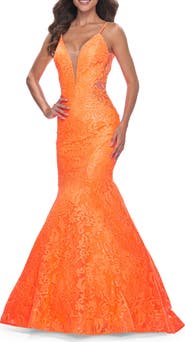 La Femme Long Mermaid Lace Dress with Back Rhinestone Detail
