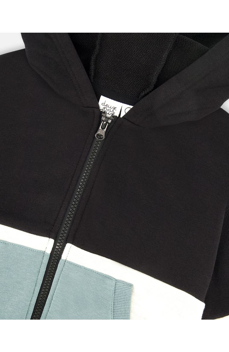 Deux par Deux Boy's French Terry Color Block Full Zip Hoodie Cardigan Sweatshirt Black, Teal And Shimmer, Alternate, color, 