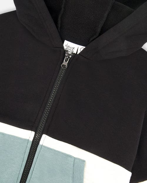 Deux Par Deux Little Boy's French Terry Color Block Full Zip Hoodie Cardigan Sweatshirt Black, Teal In Black, Teal And Shimmer