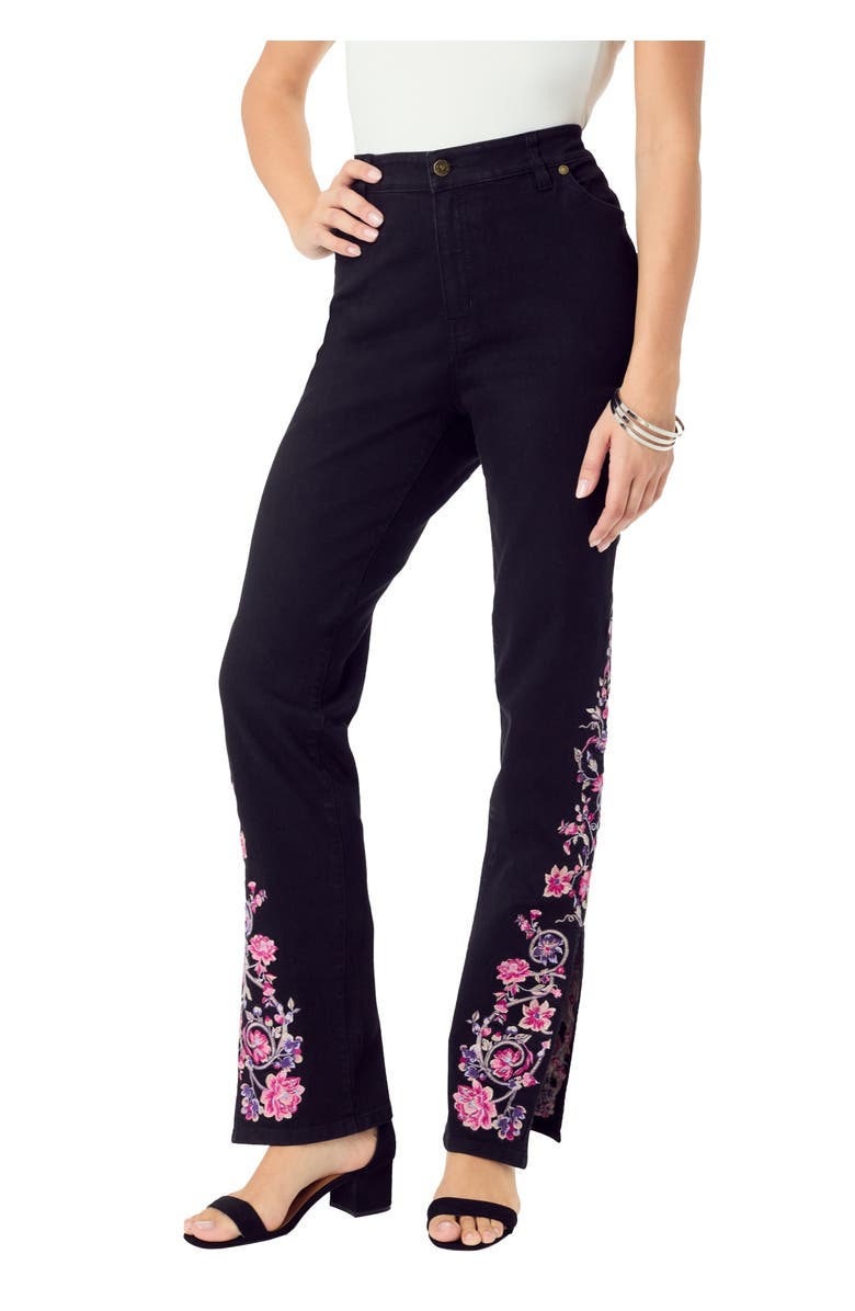 Roaman's Plus Size Invisible Stretch<sup>®</sup> Embroidered Split Flare-Leg Jean, Main, color, Black Vine