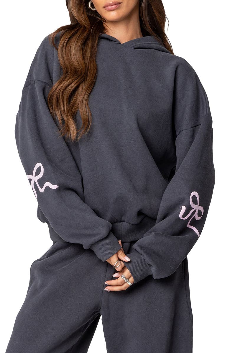 EDIKTED Bonney Bow Oversize Hoodie, Main, color, Dark Gray