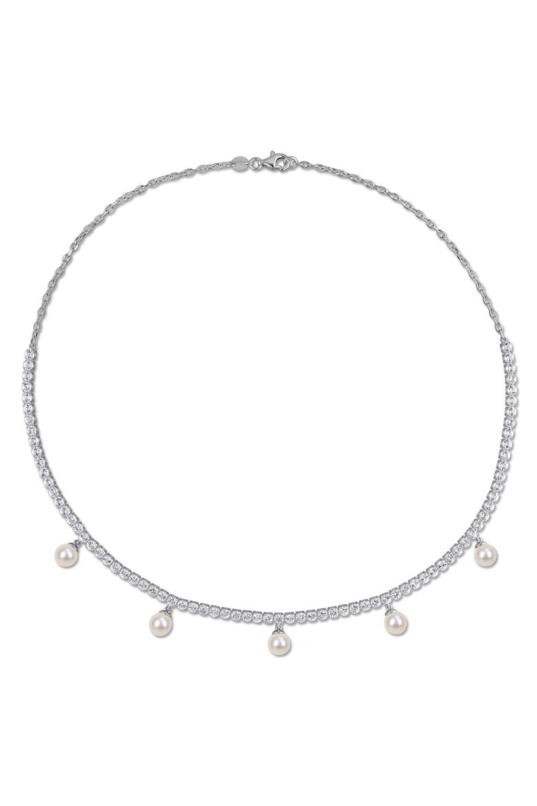 Pearl & Created White Sapphire Charm Necklace, Alternate, color, Sterling Silver