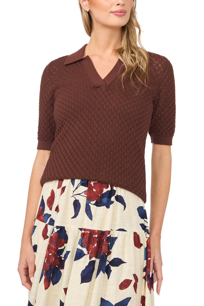 Pointelle Short Sleeve Cotton Polo Sweater, Main, color, CHOCOLATE FUDGE
