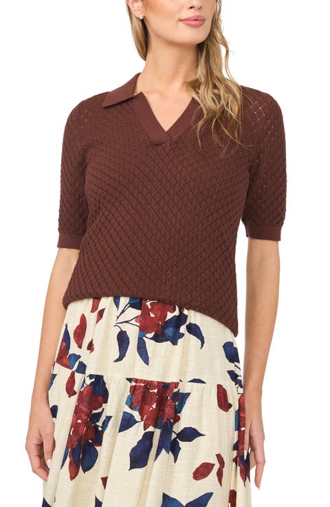 Pointelle Short Sleeve Cotton Polo Sweater