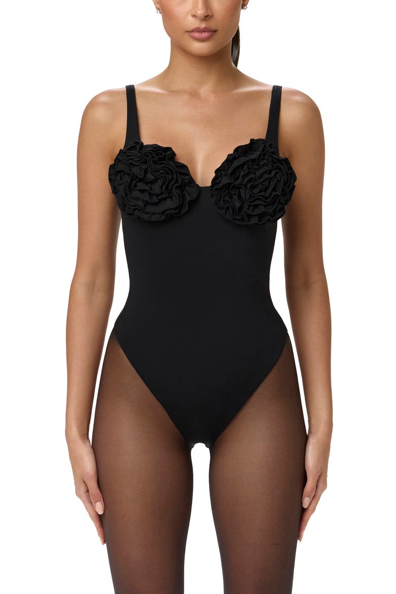 Rosette Bust Bodysuit, Main, color, BLACK