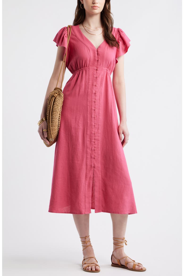 Short Sleeve Button Down Linen Blend Midi Dress, Alternate, color, PINK CARMINE