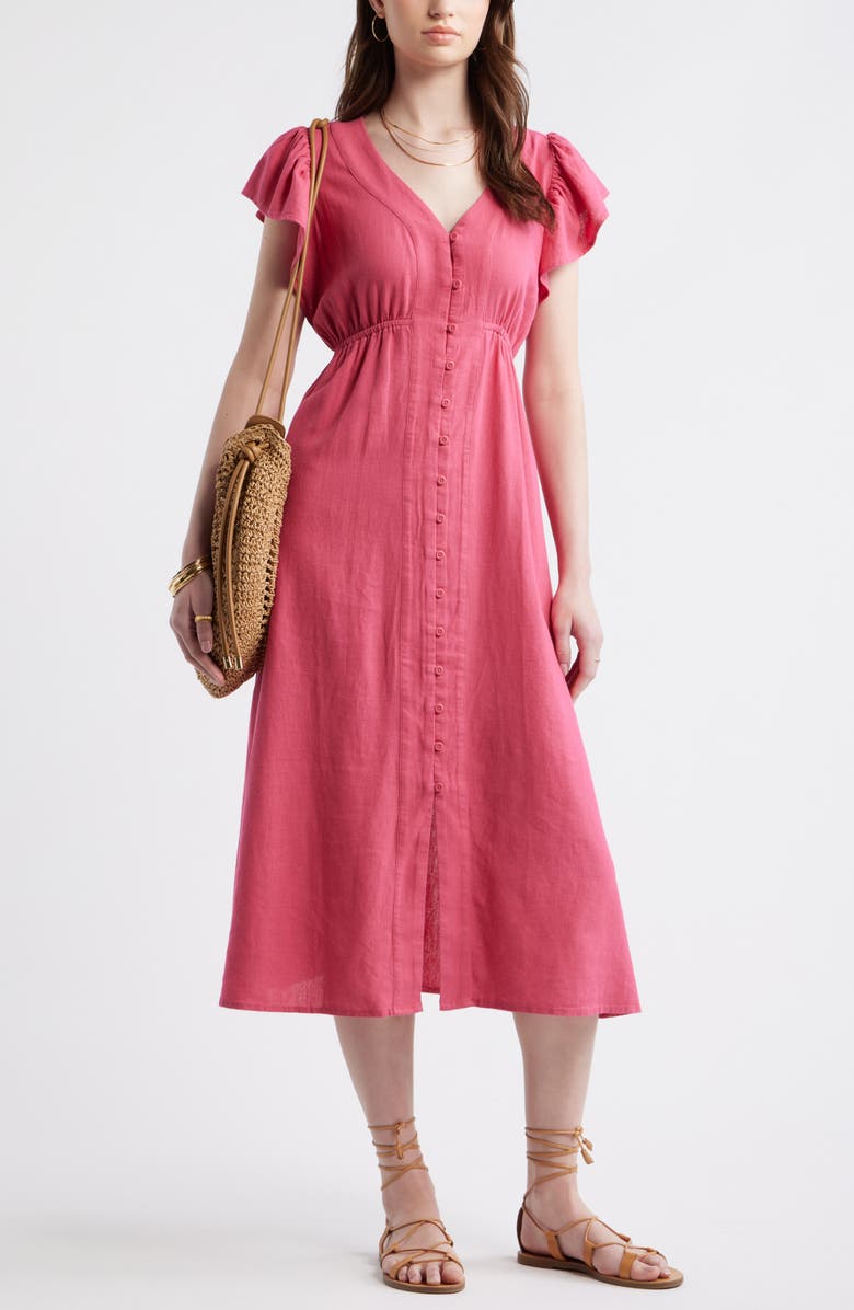 Treasure & Bond Short Sleeve Button Down Linen Blend Midi Dress, Alternate, color, Pink Carmine