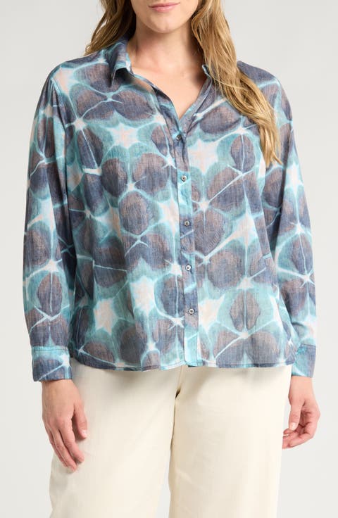 Ethereal Seas Crinkle Cotton Button-Up Shirt (Plus)