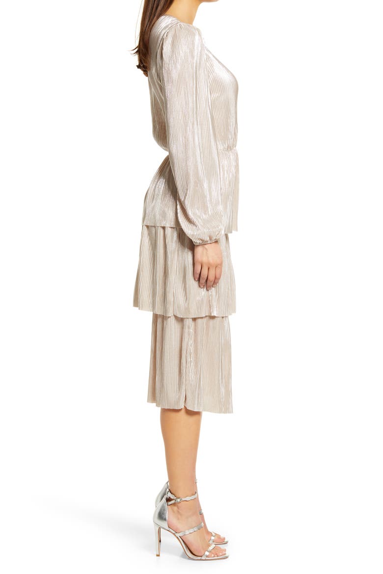 Metallic Long Sleeve Tiered Midi Dress, Alternate, color, METALLIC SILVER