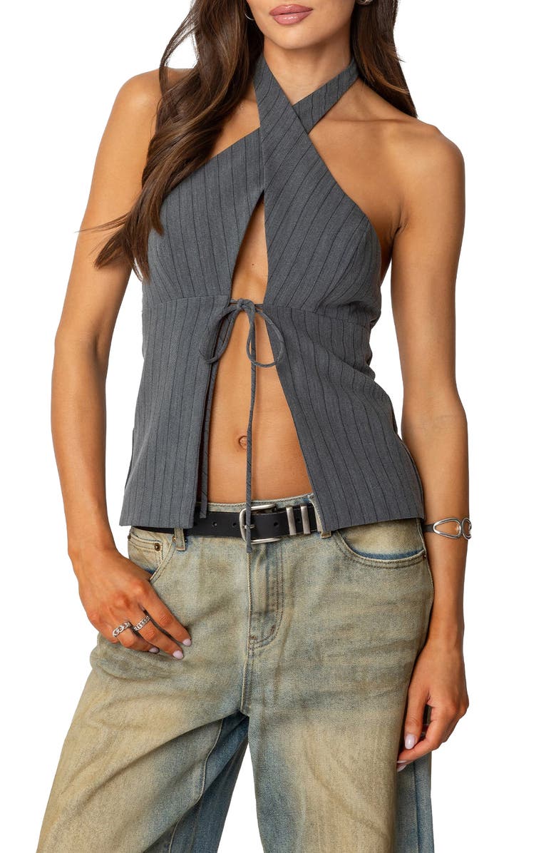 EDIKTED Pinstripe Split Front Halter Top, Main, color, Gray