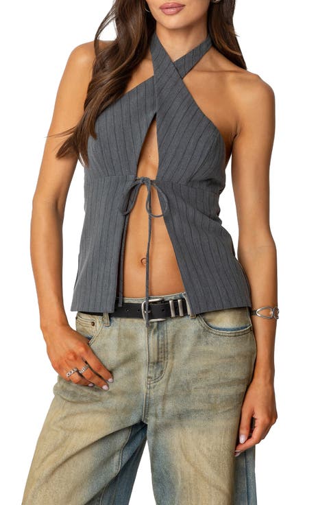 Pinstripe Split Front Halter Top