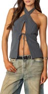 EDIKTED Pinstripe Split Front Halter Top