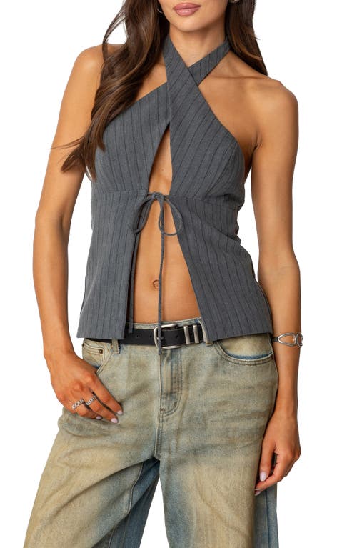 EDIKTED EDIKTED PINSTRIPE SPLIT FRONT HALTER TOP