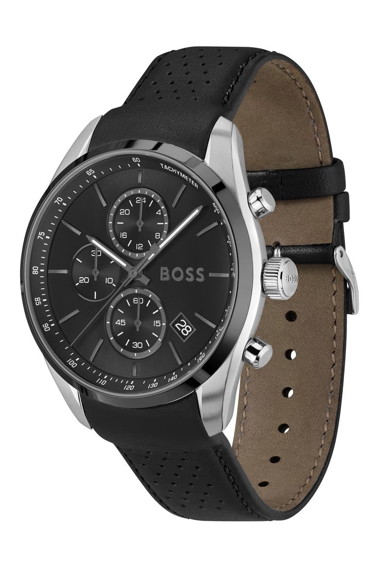 Grand Prix Leather Strap Watch, 44.5mm, Alternate, color, BLACK DIAL