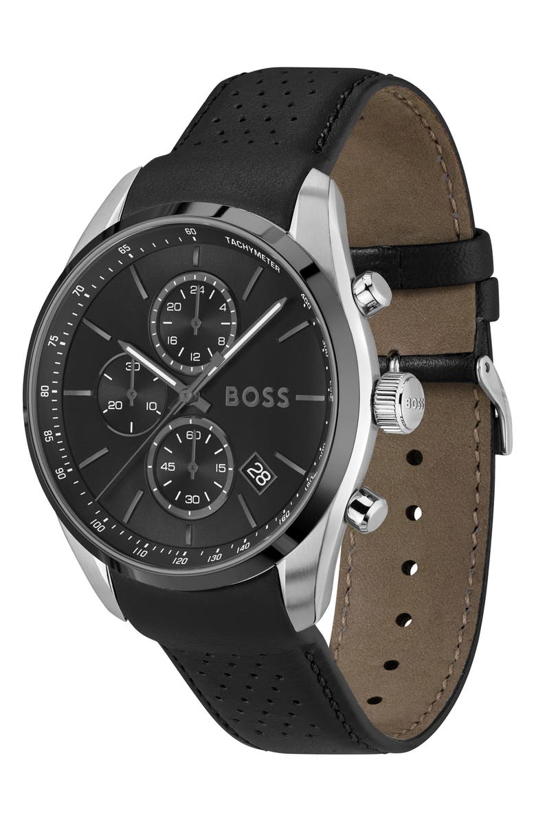 BOSS Grand Prix Leather Strap Watch, 44.5mm, Alternate, color, Black