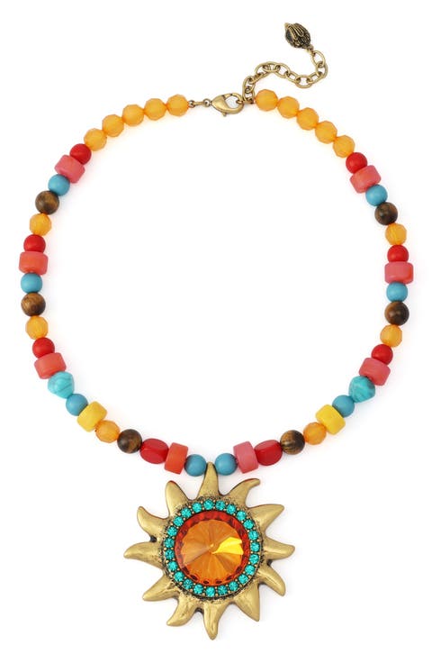 Beaded Pavé Sun Pendant Collar Necklace