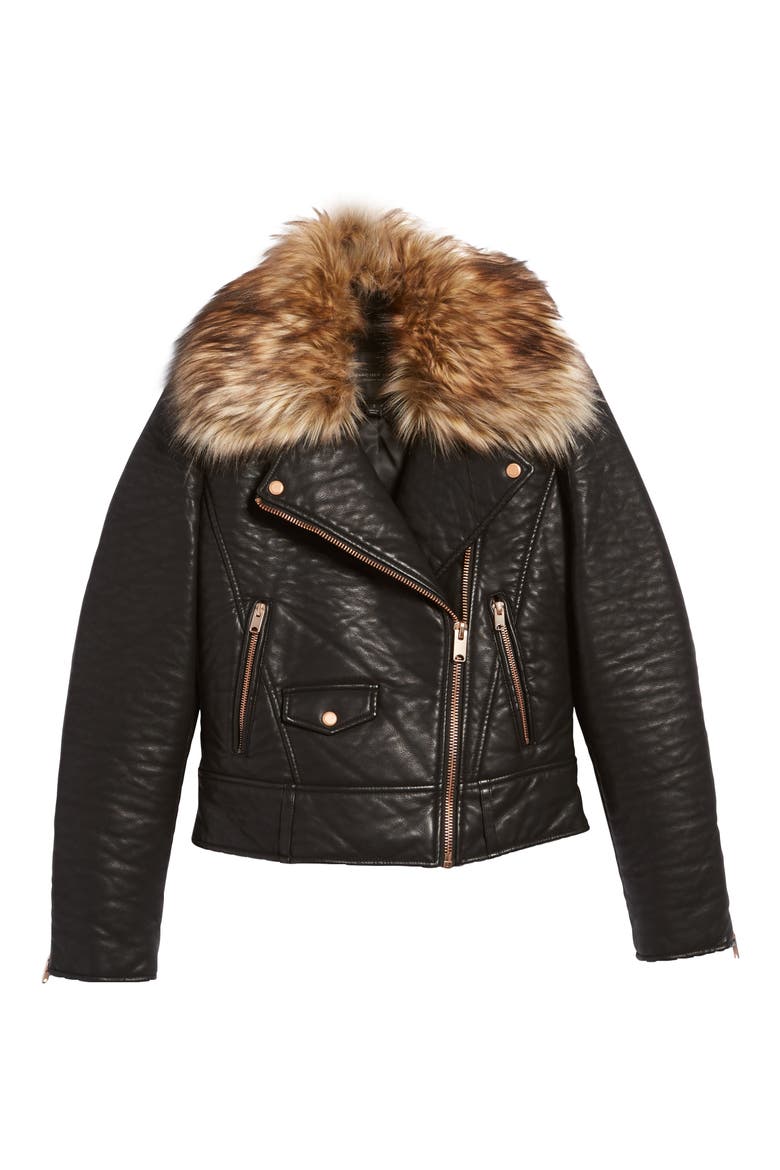 Andrew Marc Beverly Faux Leather Jacket with Faux Fur Trim, Alternate, color, BLACK