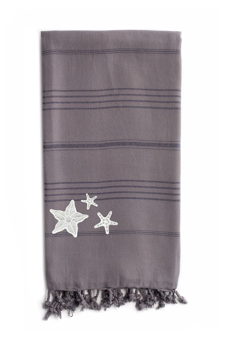 Linum Home Textiles 100% Turkish Cotton Summer Fun - Glittery Starfish Pestemal Beach Towel - Grey, Alternate, color, 