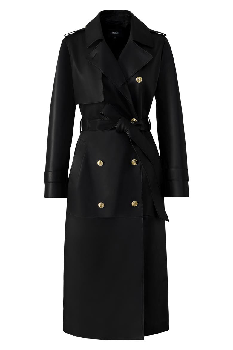 Gael-V Double Breasted Lambskin Leather Trench Coat, Alternate, color, BLACK-GOLD