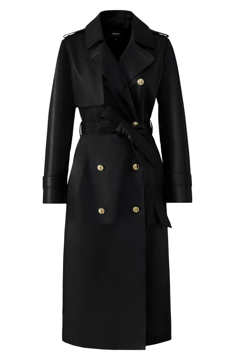 Mackage Gael-V Double Breasted Lambskin Leather Trench Coat, Alternate, color, Black-Gold