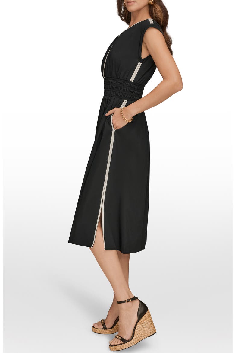 Cap Sleeve Piped Midi A-Line Dress, Alternate, color, BLACK/ CREAM