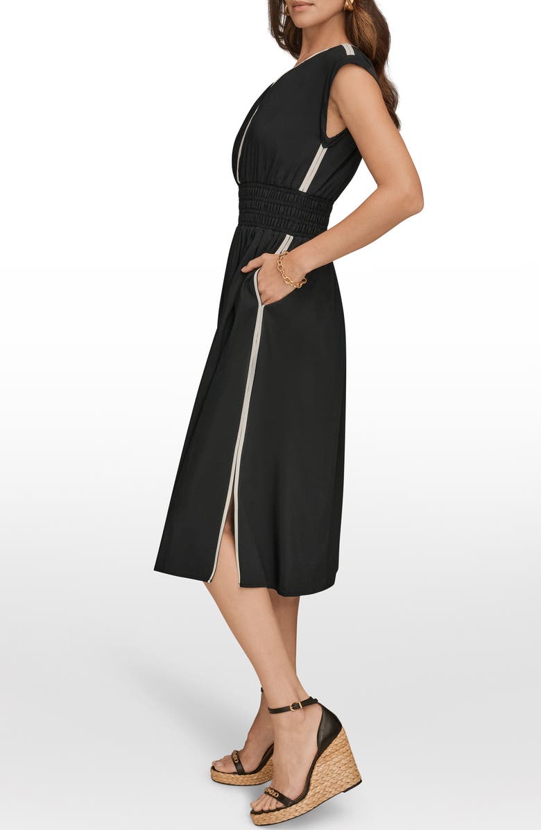 DONNA KARAN WEEKEND Cap Sleeve Piped Midi A-Line Dress, Alternate, color, Black/ Cream