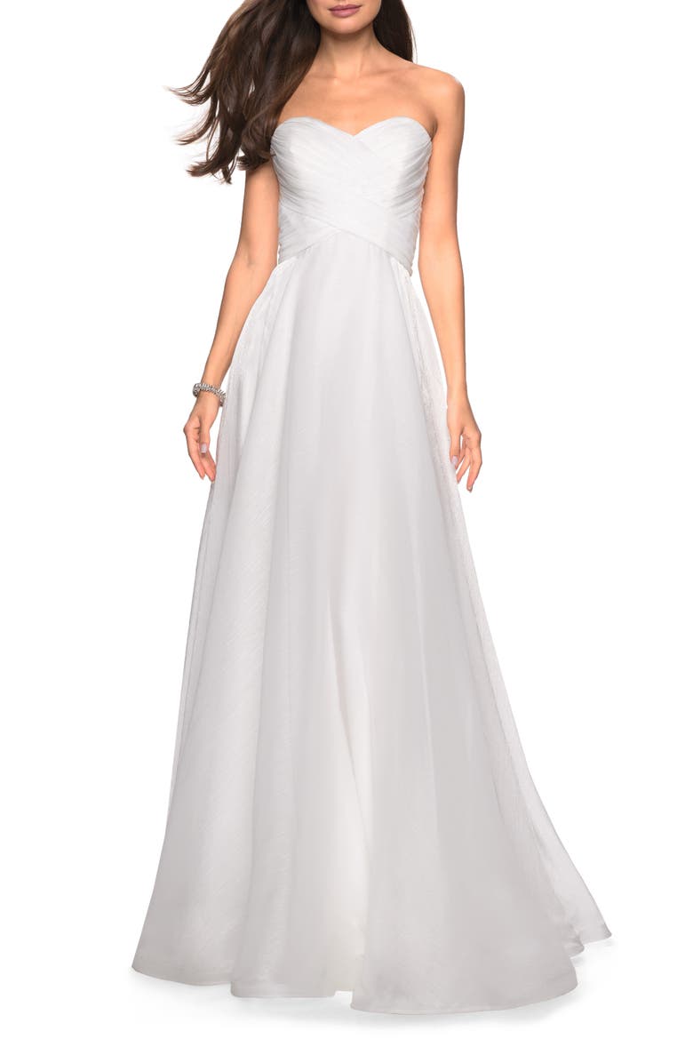 La Femme Strapless Chiffon Dress with Criss Cross Bodice Detail, Main, color, White