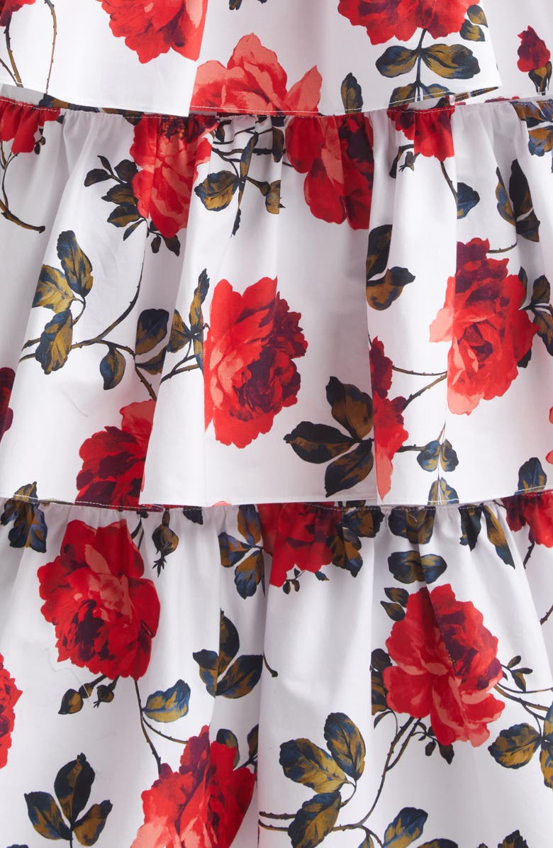 Carolina Herrera Rose Print Tiered Ruffle Convertible Stretch Cotton Poplin Dress, Alternate, color, White Multi