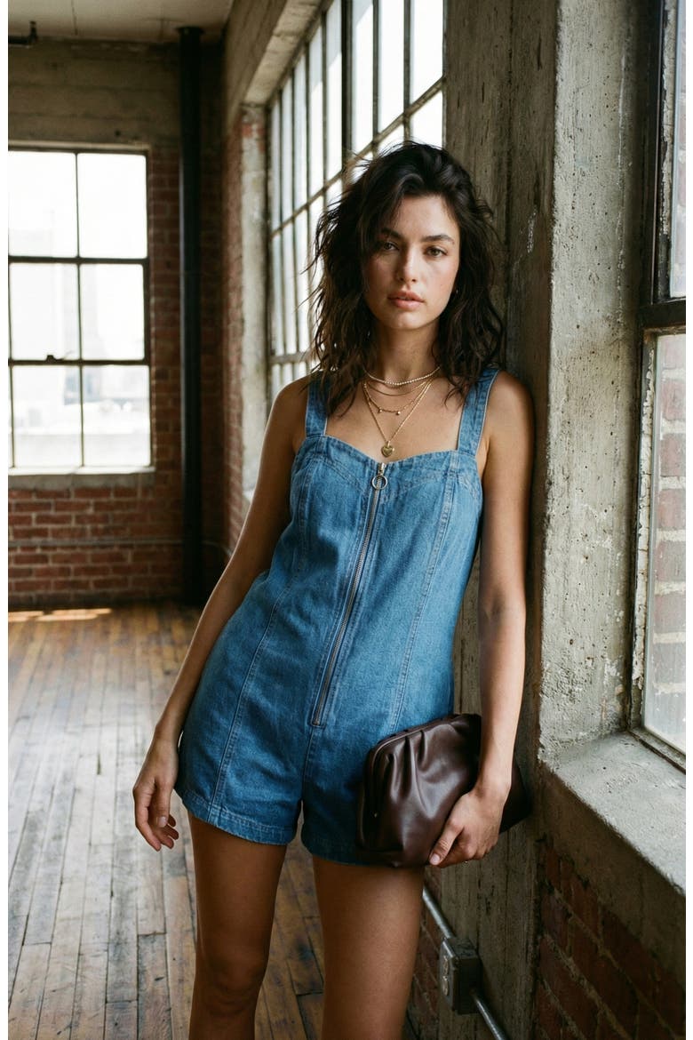 Denim Front Zip Pocket Romper, Alternate, color, Medium Wash Blue