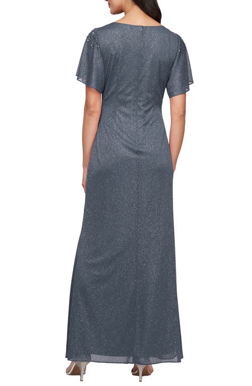 Sl Fashions Sparkle Embellished Shoulder Gown In Gray