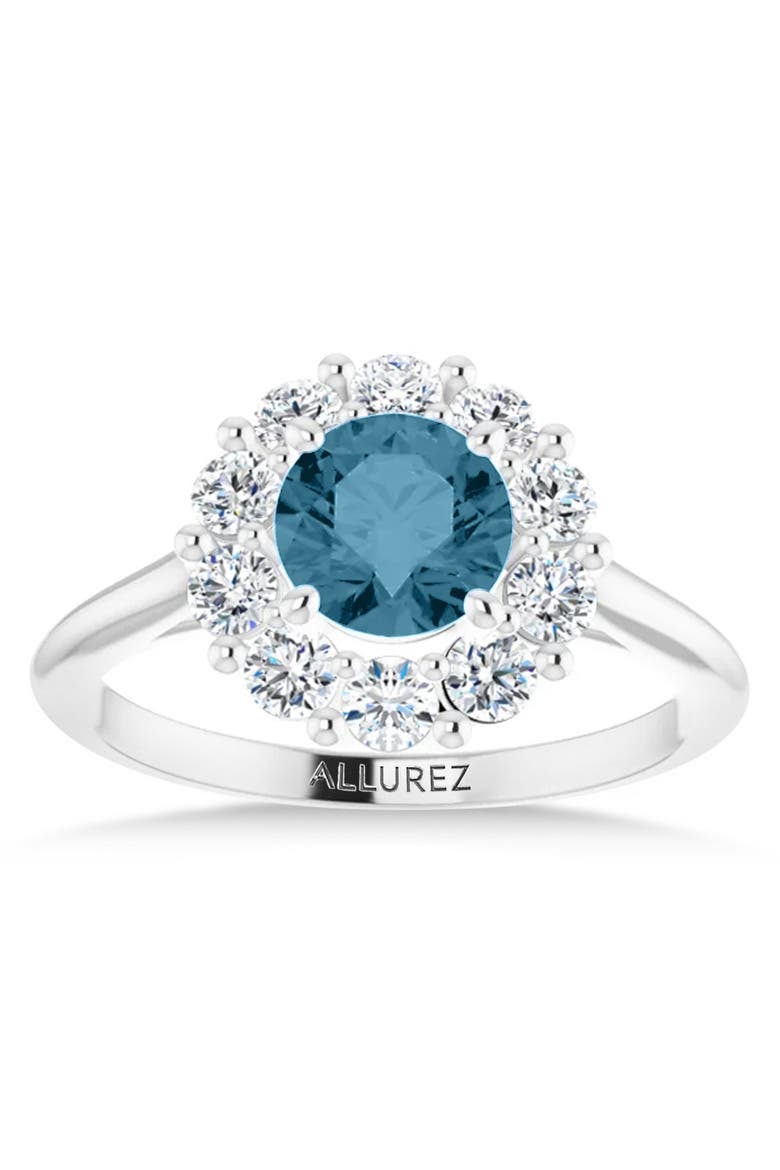 Round Lab Aquamarine & Diamond Halo Ring 14K, Alternate, color, 1.25ct/White Gold