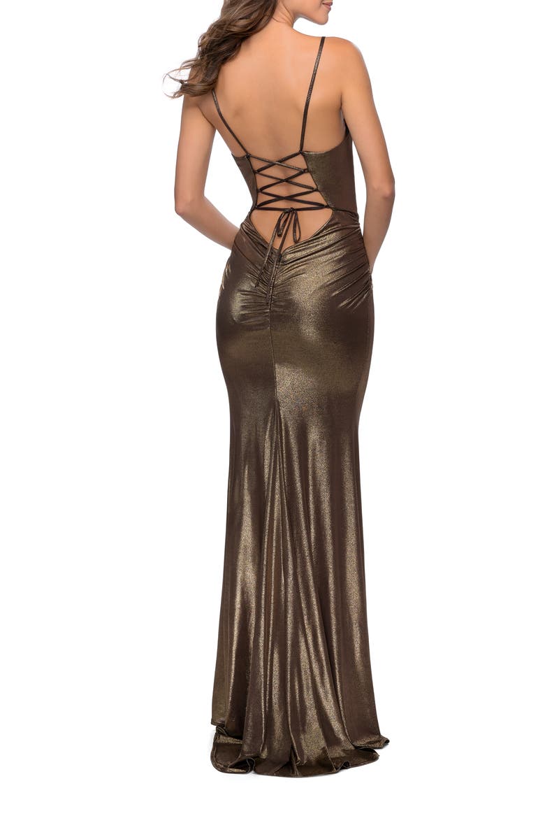 Metallic Dress with Draped Neckline and Ruching, Alternate, color, Black/Gold