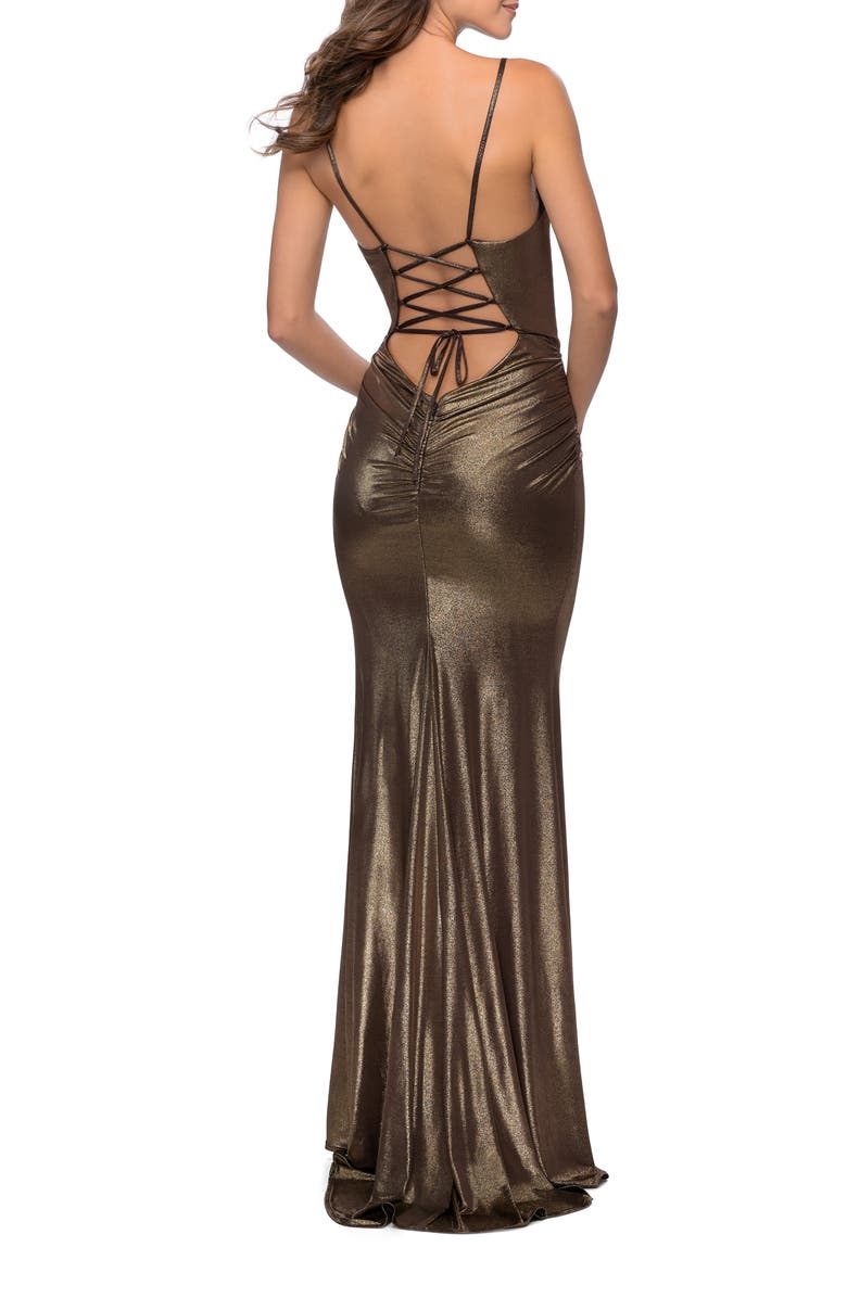 La Femme Metallic Dress with Draped Neckline and Ruching, Alternate, color, Black/Gold