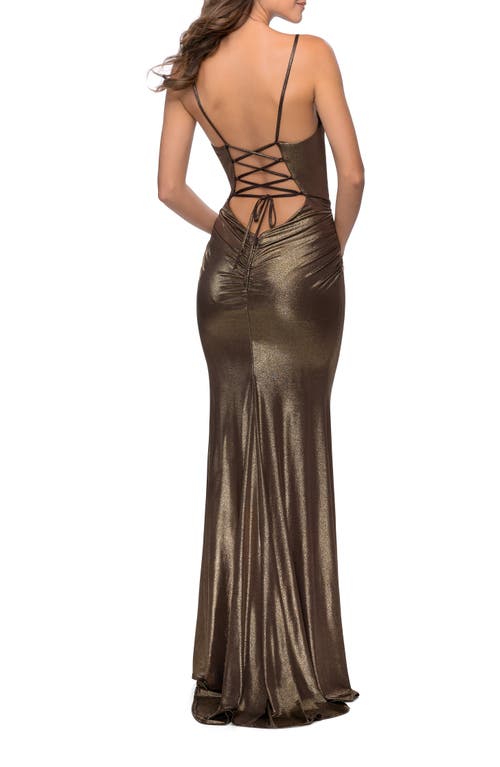 La Femme Metallic Dress With Draped Neckline And Ruching In Black/gold