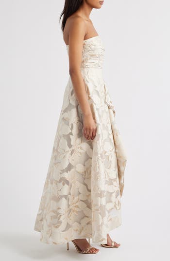 Metallic Floral Jacquard Strapless Gown