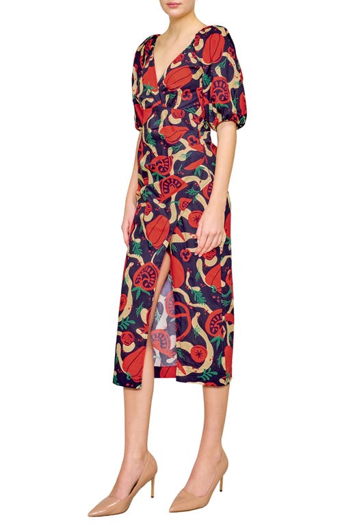 Melloday Puff Sleeve Poplin Faux Wrap Midi Dress In Red Multi