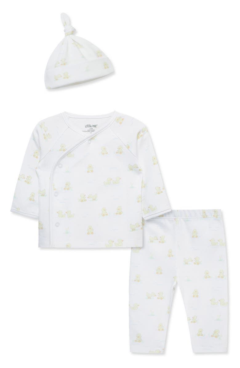 Little Me Splashy Ducks Wrap Top, Leggings & Hat Set, Main, color,