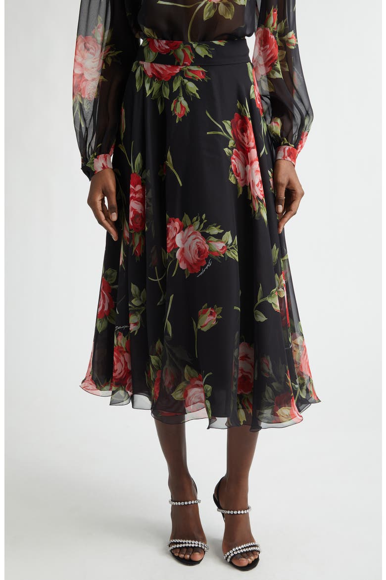Rose Bouquet Silk Chiffon A-Line Midi Skirt, Main, color, BOUQUET ROSE F.NERO