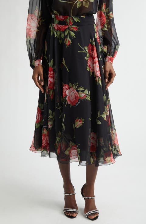 Rose Bouquet Silk Chiffon A-Line Midi Skirt