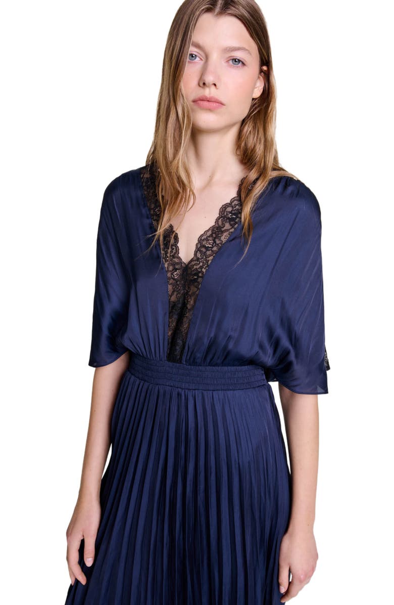 maje Pleated maxi dress with lace, Alternate, color, 